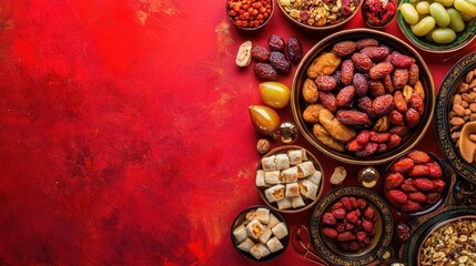 Assortment of Dried Fruits and Nuts in Decorative Bowls on Red Background