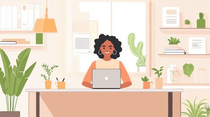Young Woman Working from Home with Laptop Surrounded by Plants and Cozy Decor