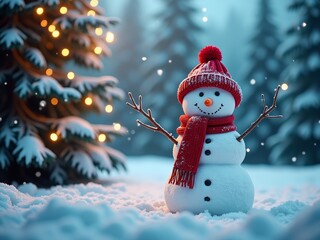 A cheerful snowman, adorned with a red hat and scarf, stands in a serene winter wonderland