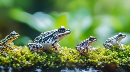 Four Frogs Perched on a Mossy Surface with a Green Background
