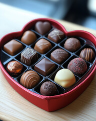Valentine’s Day Chocolates Arranged in a Red Heart-Shaped Box, Symbolizing Love and Sweetness in a Classic Romantic Gift Presentation for the Special Occasion