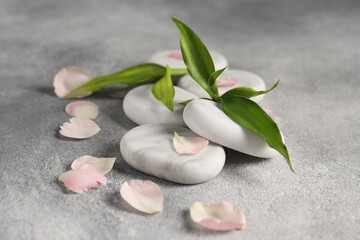 Fototapeta premium Spa stones, petals and green leaves on grey table, closeup