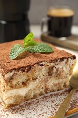 Piece of tasty tiramisu with fresh mint on table, closeup