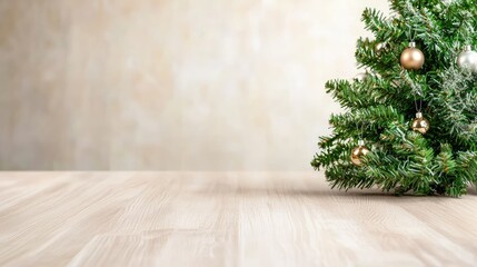 Festive Christmas tree on wood table, beige wall background