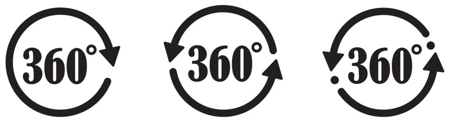 360 degree views in different style on white background.  Signs with arrows to indicate the rotation or panoramas to 360 degrees. 360 Degrees View Vector Icon set. Virtual reality icons set.