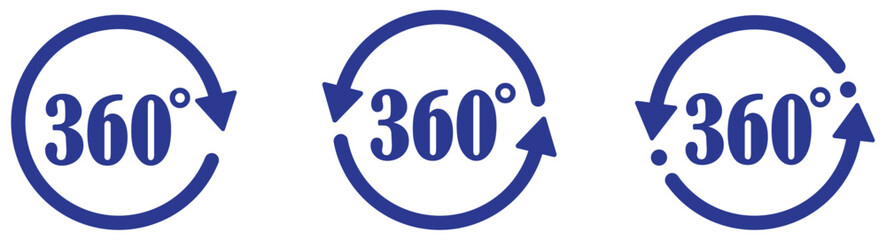 360 degree views icons collection.  Signs with arrows to indicate the rotation or panoramas to 360 degrees. 360 Degrees View Vector Icon set. Flat 360 rotation icon. 360 degree arrow symbol.