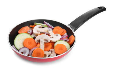 Frying pan with mix of fresh vegetables and mushrooms isolated on white