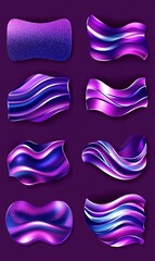 Set of abstract purple and blue metallic shapes on a dark background for modern designs