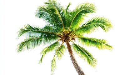 Tropical palm tree, swaying gently, against a bright white sky.  Perfect for travel brochures