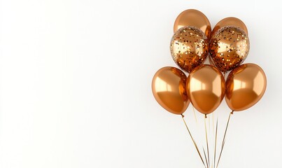Shiny copper balloons with gold confetti on white background, perfect for celebrations