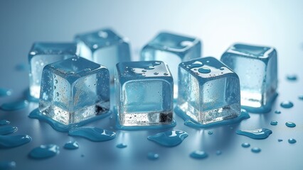 Single melting ice cube with water droplets on a reflective wet surface	