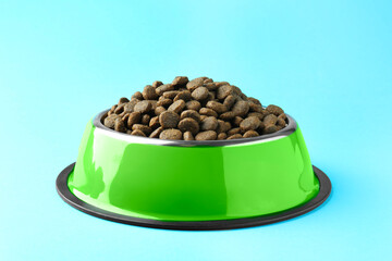Dry pet food in feeding bowl on light blue background