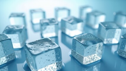 Single melting ice cube with water droplets on a reflective wet surface	
