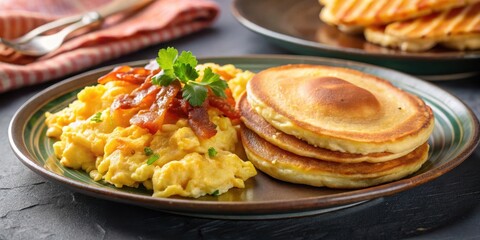 Fluffy scrambled eggs on a toasted plate with crispy bacon and golden pancakes , food, fluffy eggs,  food