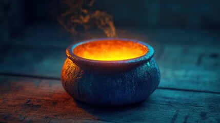 A Blue Cauldron With Glowing Orange Liquid and Smoke