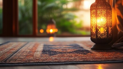 Ornate Metal Lantern with Candlelight on Patterned Rug