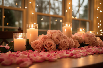 Luxurious Valentine's Day Table for Two with Pink and White Roses, Heart-Shaped Decor, Candles, and Fairy Lights, Creating a Soft, Romantic and Magical Ambiance