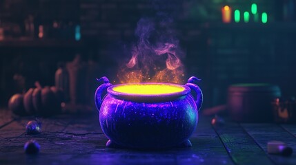 A Steaming Cauldron of Glowing Yellow Liquid with Purple and Yellow Lighting