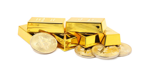 Gold bars and coins isolated on white