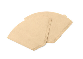 Paper coffee filters isolated on white, top view