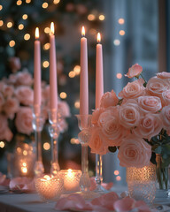 Luxurious Valentine's Day Table for Two with Pink and White Roses, Heart-Shaped Decor, Candles, and Fairy Lights, Creating a Soft, Romantic and Magical Ambiance
