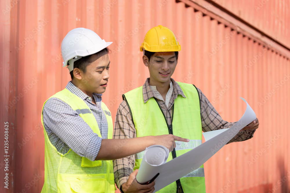 Aufkleber logistics engineer pointing at plans while discussing with a colleague.