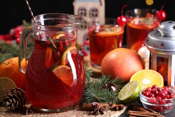 Tasty punch drink in glass jug, ingredients and Christmas decor on table