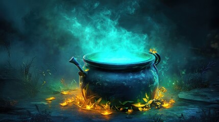 A Steaming Cauldron Surrounded by Illuminated Plants in a Dark Forest