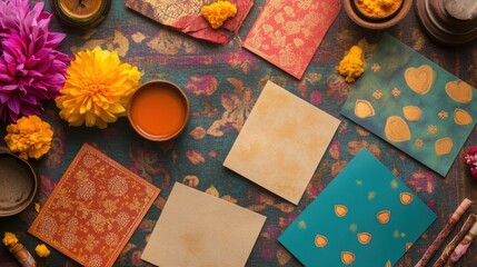 Colorful Cards, Flowers, and Bowls on a Fabric Background
