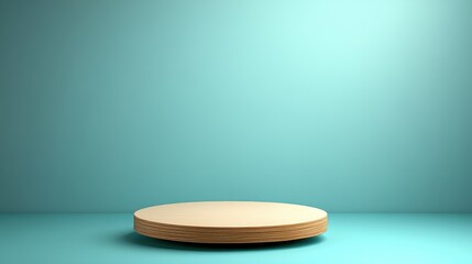 Wooden Circular Platform Against Teal Background