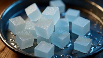 Melting ice cubes with water droplets on a metal tray in warm and cool lighting	