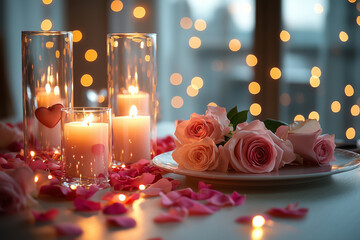 Luxurious Valentine's Day Table for Two with Pink and White Roses, Heart-Shaped Decor, Candles, and Fairy Lights, Creating a Soft, Romantic and Magical Ambiance