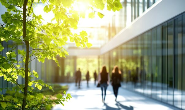 Sunny atrium of modern office building with blurred people walking, ideal for architectural or workplace themes