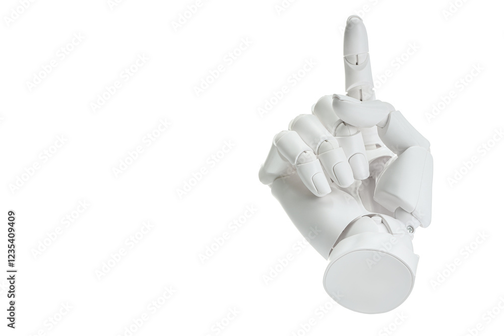 Poster artificial intelligence. robot hand pointing at something on white background