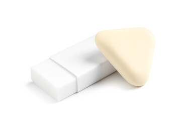 Two new erasers isolated on white. School stationery