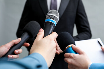 Group of journalists interviewing businesswoman on grey background, closeup