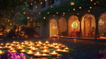 Illuminated Courtyard with Floating Candles and Ornate Doorway