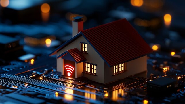 Stylized Smart Home Illustration on Circuit Board