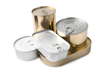 Many closed tin cans isolated on white