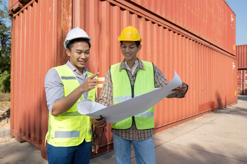 Engineers discussing logistics and reviewing plans at a shipping container facility