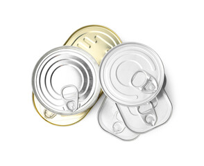 Many closed tin cans isolated on white, top view