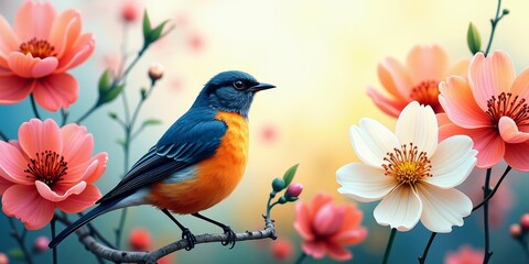 A blue and orange bird perched on a branch surrounded by flowers