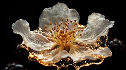 Golden liquid splashing white flower, black background, nature macro photography, floral design