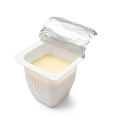 Delicious yogurt in plastic cup isolated on white