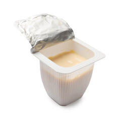 Delicious yogurt in plastic cup isolated on white