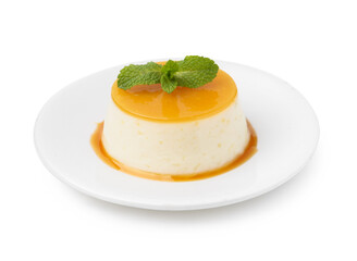 Tasty pudding with caramel sauce and mint isolated on white