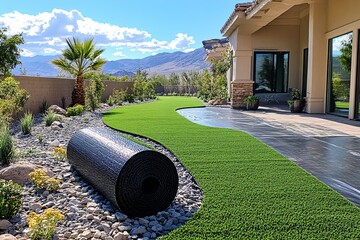 Close up of artificial grass roll on garden soil. Landscaper rolling out sod preparing the instant lawn in backyard. Natural grass installation. Gardening industry, landscaping project
