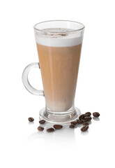 Tasty latte macchiato in glass cup and coffee beans isolated on white