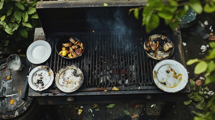 Dirty Grill With Leftover Food and Plates