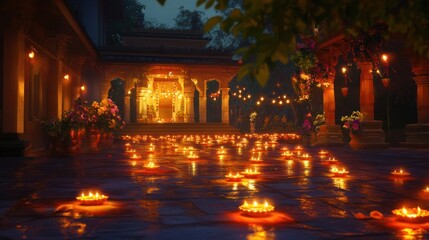 A temple courtyard illuminated by floating candles at night